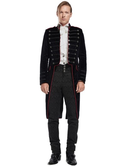 Pentagramme Black and Red Gothic Velvet Military Button Front Tailcoat for Men