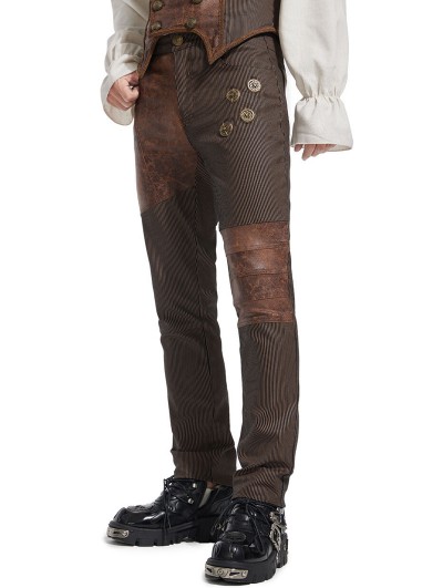 Pentagramme Brown Striped Steampunk Gothic Faux Leather Patch Long Pants for Men