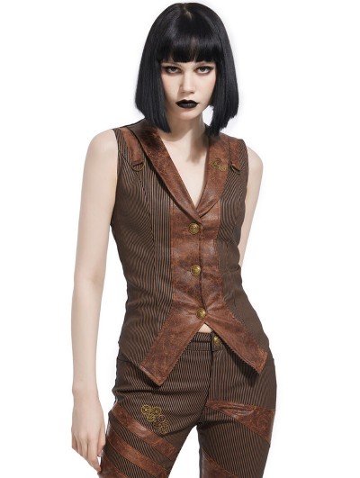 Pentagramme Coffee Steampunk Gothic Striped Lapel Button Vest for Women