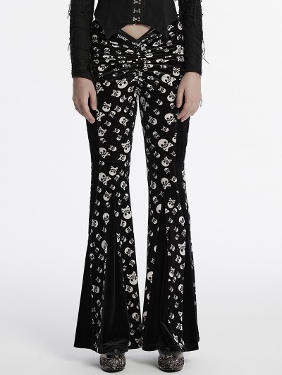 Punk Rave Black and White Gothic Skull Print Sexy Flared Velvet Pants for Women