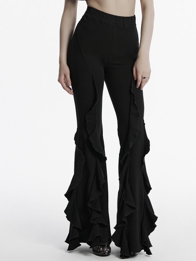 Punk Rave Black Gothic Daily Fitted Ruffle Flared Pants for Women