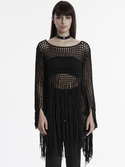 Punk Rave Black Gothic Decadent Hollow Out Tassels Sweater for Women