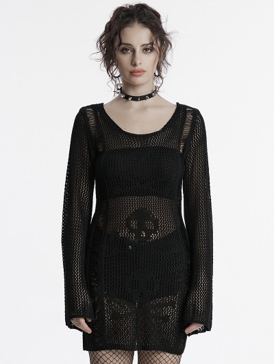 Punk Rave Black Gothic Punk Decadent Sexy Perspective Skull Knit Dress