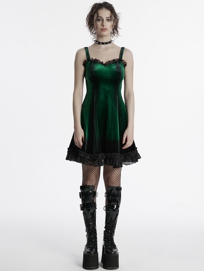 Punk Rave Green Gothic Gradient Cute Velvet Short Dress