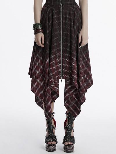 Punk Rave Red and Black Gothic Grunge Gradient Plaid Zip Front Irregular Skirt