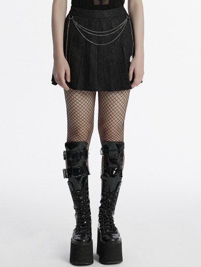 Punk Rave Black Gothic Punk Patterned Pleated Skirt with Detachable Chain