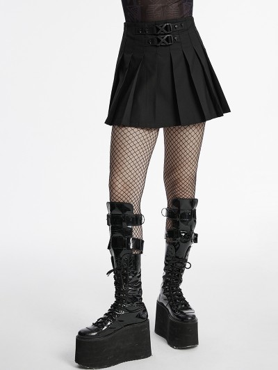 Punk Rave Black Gothic Skull Rivet Short Pleated Skirt