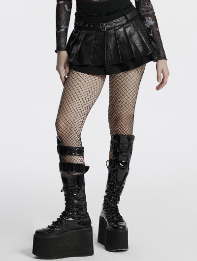 Punk Rave Black Gothic Punk Short Pleated Faux Leather Skirt