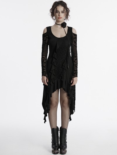 Punk Rave Black Gothic Long Bat Mesh Sleeve Cold Shoulder Dress