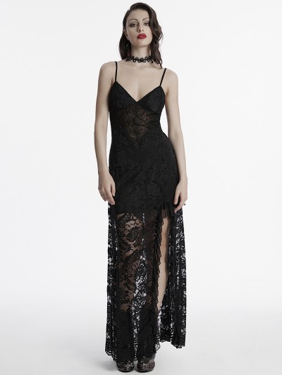 Punk Rave Black Sexy Gothic Lace Deep V-Neck High Slit Long Dress