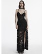 Punk Rave Black Sexy Gothic Lace Deep V-Neck High Slit Long Dress