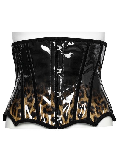 Punk Rave Black and Coffee Gothic Leopard Print Patent Leather Corset Waistband