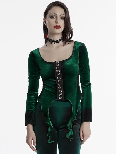 Punk Rave Green Gothic Gradient Velvet Long Sleeve Irregular Shirt for Women