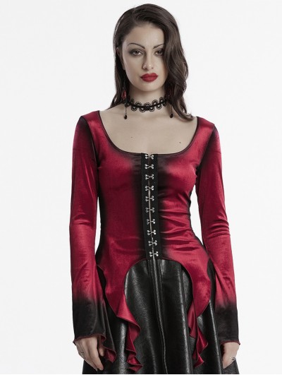 Punk Rave Red Gothic Gradient Velvet Long Sleeve Irregular Shirt for Women