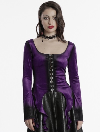 Punk Rave Violet Gothic Gradient Velvet Long Sleeve Irregular Shirt for Women