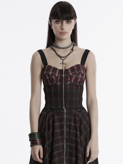 Punk Rave Red and Black Gothic Grunge Gradient Plaid Vest Top for Women