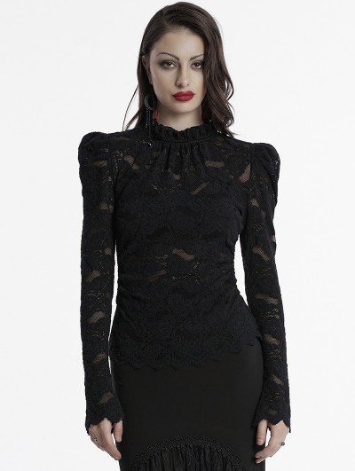 Punk Rave Black Gothic Long Puff Sleeve Floral Ruffled Lace Top for Women