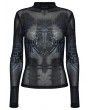 Punk Rave Black Gothic Cyber Skull Gradient Printed Mesh T-Shirt for Women