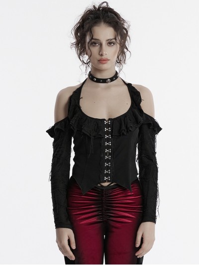 Punk Rave Black Gothic Halter Off-the-Shoulder Long Sleeve Short Top for Women