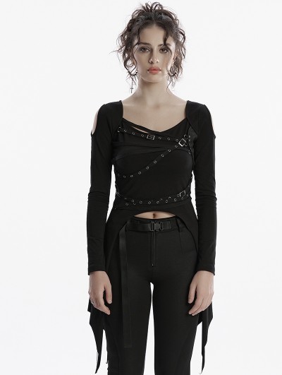 Punk Rave Black Gothic Punk Long Sleeve Irregular T-Shirt for Women