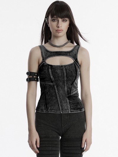 Punk Rave Black Gothic Apocalypse Punk Denim Sleeveless T-Shirt for Women