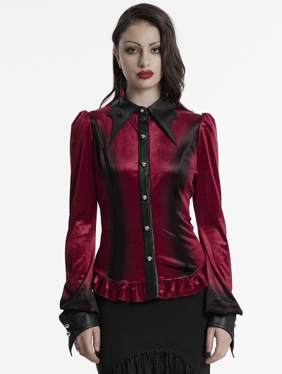 Punk Rave Red Gothic Gradient Velvet Bat Collar Long Sleeve Shirt for Women