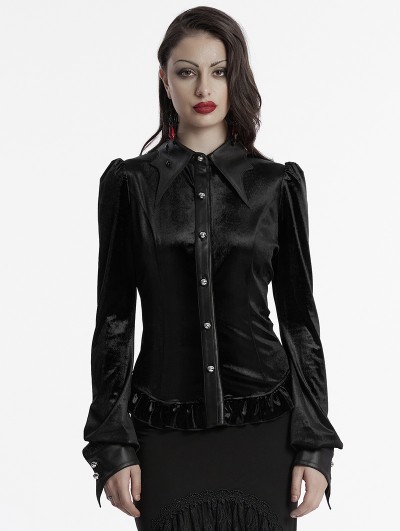 Punk Rave Black Gothic Gradient Velvet Bat Collar Long Sleeve Shirt for Women