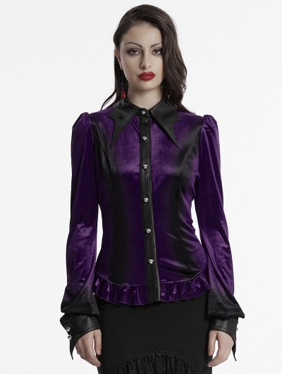 Punk Rave Violet Gothic Gradient Velvet Bat Collar Long Sleeve Shirt for Women