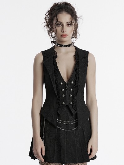 Punk Rave Black Gothic Academy Style Patterned Lapel Vest for Women