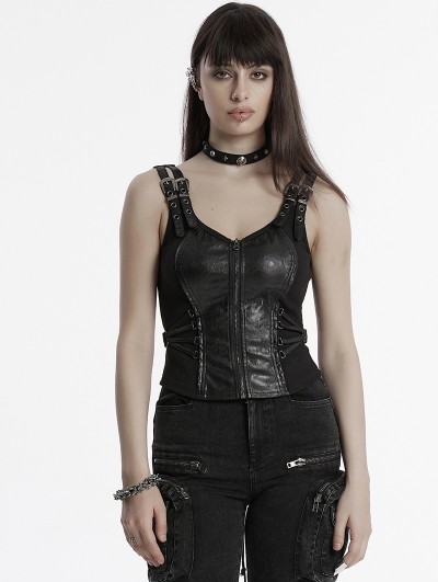 Punk Rave Black Gothic Punk Tight Fit Front Zipper Vest Top for Women