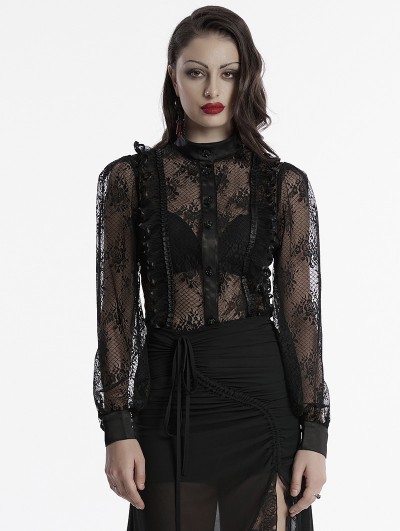 Punk Rave Black Gothic Rose Lace Transparent Shirt for Women