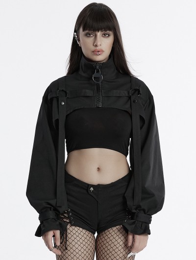 Punk Rave Black Gothic Punk Cool Stand Collar Short Jacket for Women