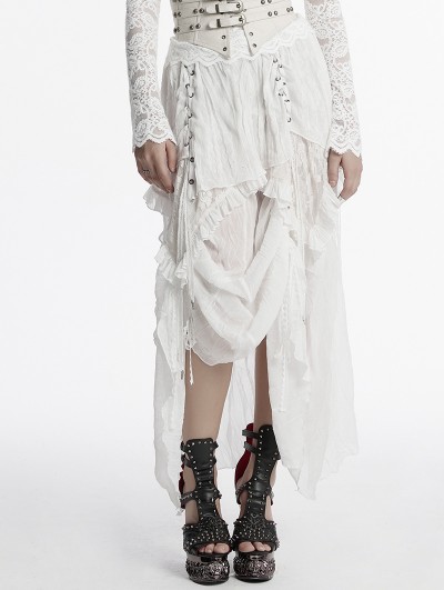 Punk Rave White Gothic Asymmetric High-Low Ruffled Chiffon Skirt