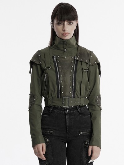 Punk Rave Green Gothic Punk Studded Military Style Short Jacket for Women