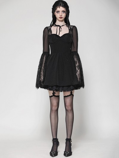 Dark in love Black Gothic Mesh Patchwork Long Sleeve Short Dress