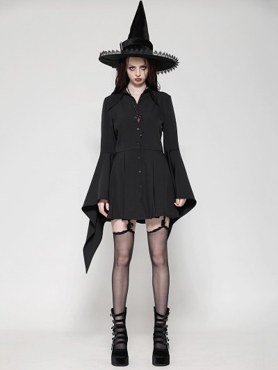 Dark in love Black Gothic Witchy Bell Sleeve Short Shirt Dress