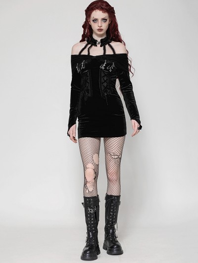 Dark in love Black Gothic Sexy Punk Velvet Halter Mini Bodycon Dress