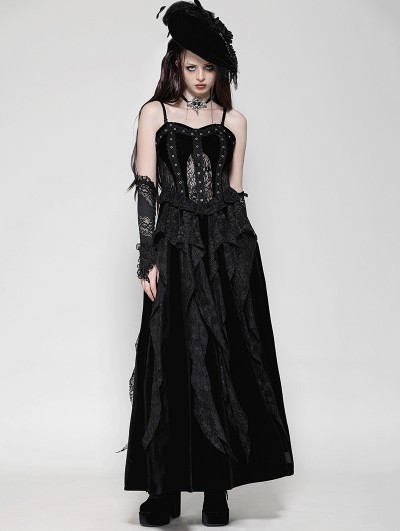 Dark in love Black Gothic Sexy Hollow Lace Velvet Maxi Dress