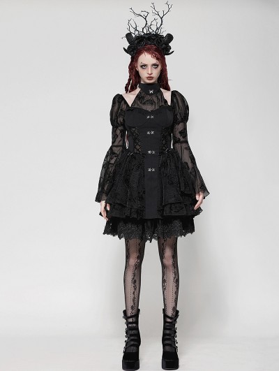 Dark in love Black Gothic Lolita Butterfly Print Bell Sleeve Short Dress