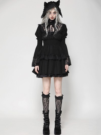 Dark in love Black Gothic Lace Doll Shirred Waist Long Sleeve Short Dress