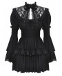 Dark in love Black Gothic Lace Doll Shirred Waist Long Sleeve Short Dress