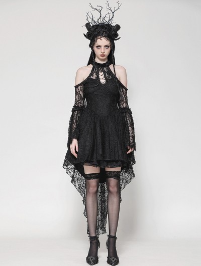 Dark in love Black Gothic Lace Halter Cold Shoulder High-Low Dress