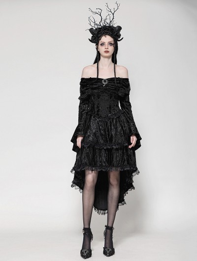 Dark in love Black Elegant Gothic Off-the-Shoulder Velvet High-Low Dress