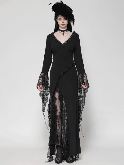 Dark in love Black Gothic Sexy Witch Asymmetrical Lace Slit Long Dress