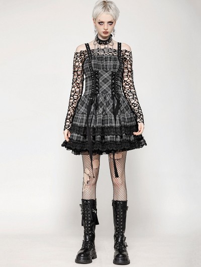 Dark in love Grey Plaid Gothic Metal Studded Strap Short Dress