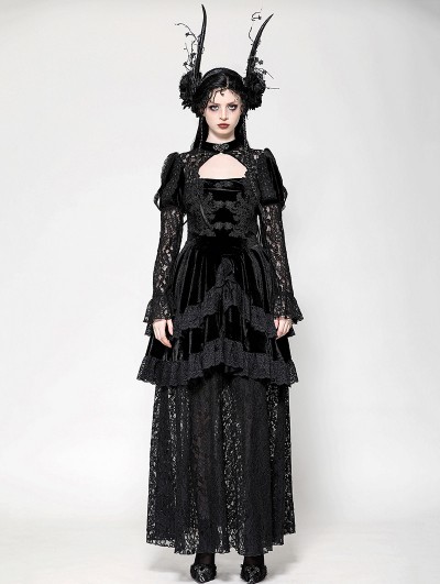 Dark in love Black Vintage Gothic Velvet Lace Layered Maix Dress