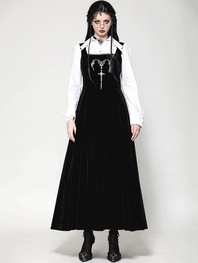 Dark in love Black Gothic Velvet Horn Embroidery  Suspender Maxi Dress