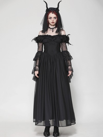 Dark in love Black Gothic Feather Floral Cold Shoulder Long Chiffon Dress