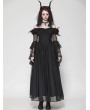 Dark in love Black Gothic Feather Floral Cold Shoulder Long Chiffon Dress