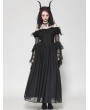 Dark in love Black Gothic Feather Floral Cold Shoulder Long Chiffon Dress